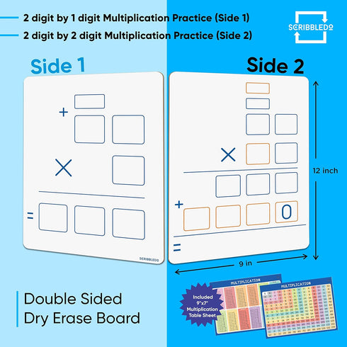 SCRIBBLEDO 9"x12" Double Sided Dry Erase Long Multiplication Board for Home, School, Kids, Students Math