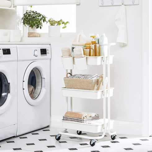 SONGMICS Rolling Cart, 3-Tier Storage Trolley with Handle, Utility Cart for Bathroom Laundry Room, White UBSC067W01