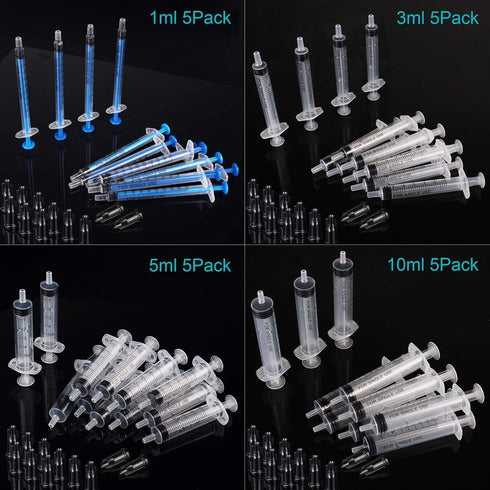 20 Pack Plastic Syringes - 1ml / 3ml / 5ml / 10ml, Sterile Packaging Syringe Without Needle, Caps