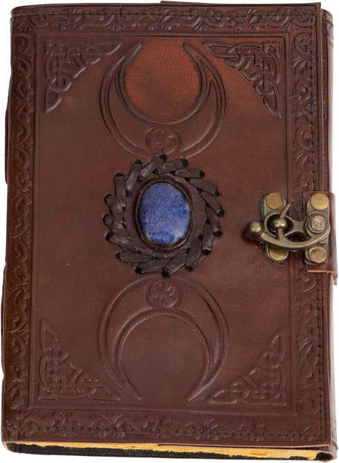 Moon Blue Lapiz Gemstone Studded Writing Handmade Leather Notebook, Unlined Antique Deckle Edge Vintage Paper, Great