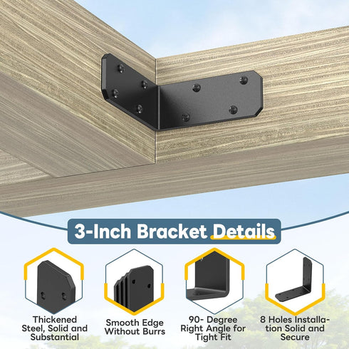 3"3"1.2" 90 (Black-8PCS) L Bracket for Wood, Degree Angle Bracket, Galvanized Corner Brace for Wood Post, Floating