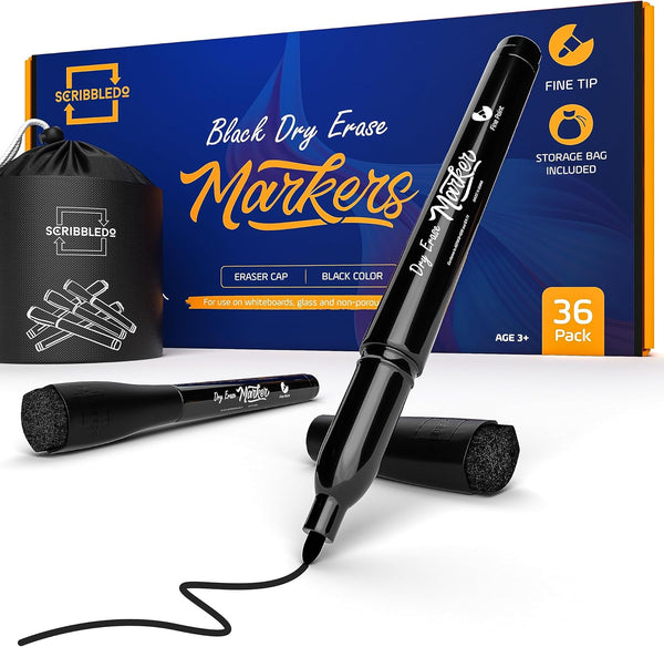 Scribbledo 36 Pack Dry Erase Markers - Black Fine Tip Whiteboard Markers with Eraser Cap for Home & School