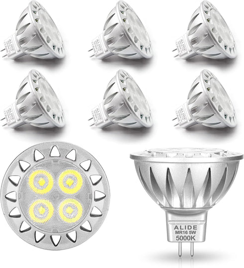 6 Pack ALIDE 5W MR16 5000K Daylight White LED Bulbs, 12V Low Voltage, Non-Dimmable for Outdoor Lighting