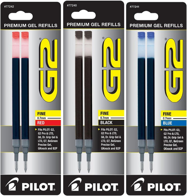 Pilot G2 Gel Ink Refill, 2-Pack for Rolling Ball Pens, Fine, Black, Red, Blue