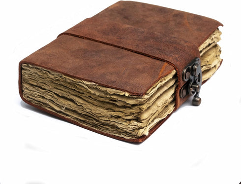 NomadCraftsCo. Vintage Leather Journal, Lock Closure, 240 Pages Antique Deckle Edge Paper for Grimoire
