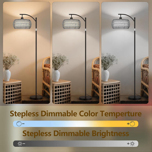 9W Bulb, Rattan Floor Lamps for Living Room, Boho Standing Lamps with Grey Rattan& Linen Double Shades, Arc Lamps Floor