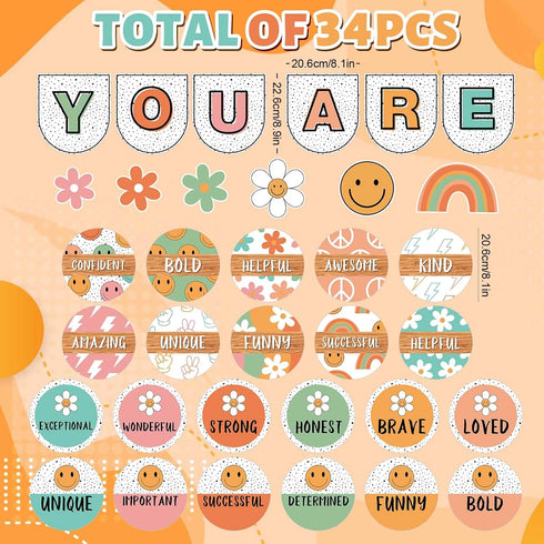 Boho Groovy Affirmation Station Bulletin Board Set Retro Motivational Inspirational Paper Cutouts with Glue Points Positive Bulletin Board Decor for Students School Classroom Home