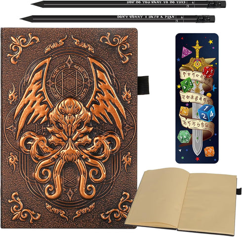 DND Campaign Journal, 3D Cthulhu Embossed Leather Cover, 192 Blank Pages, A5 Notebook for RPG Notepad, Great for GM &