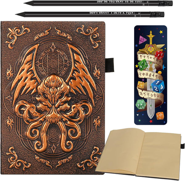 DND Campaign Journal, 3D Cthulhu Embossed Leather Cover, 192 Blank Pages, A5 Notebook for RPG Notepad, Great for GM &