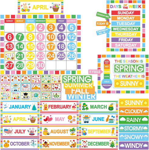 Rainbow Classroom Calendar Bulletin Board Set, Colorful Decoration with Hook and Loop Dot Stickers