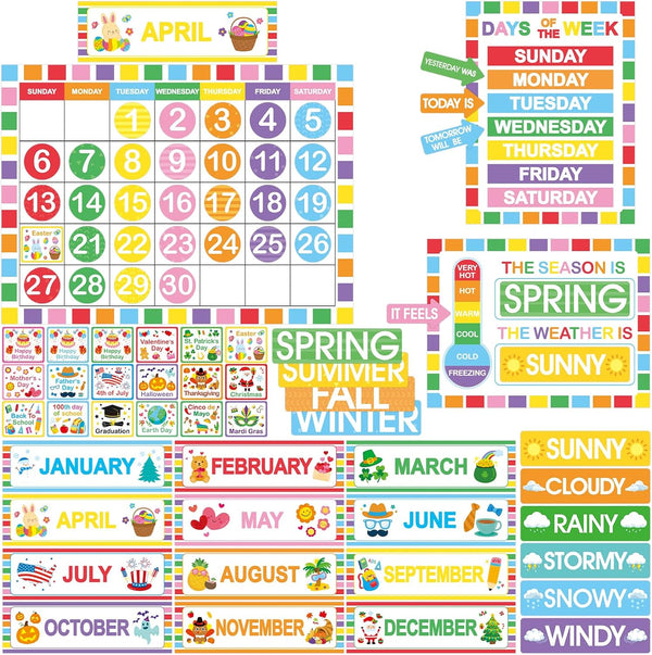 Rainbow Classroom Calendar Bulletin Board Set, Colorful Decoration with Hook and Loop Dot Stickers