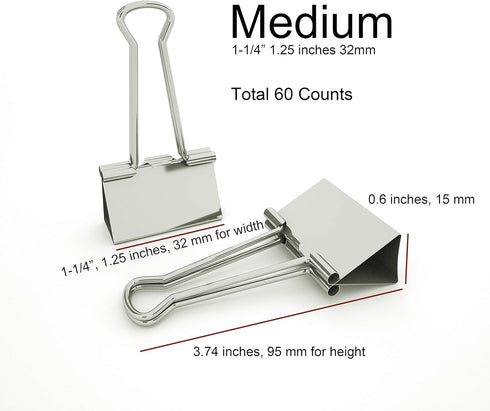 Binder Clips Medium Metal Clamp - 1-1/4 in (1.25 inch) (Silver, Medium, 60 Count)