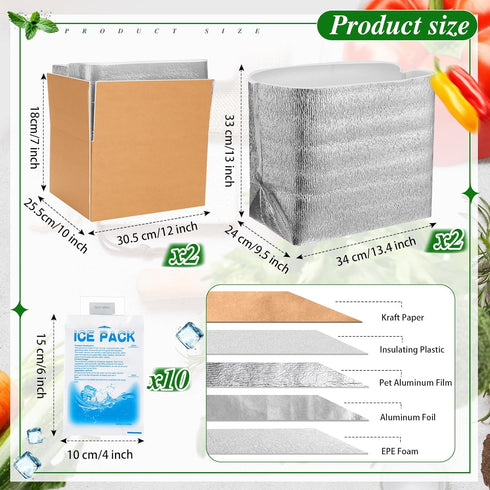 Honoson 2 Frozen Pack Pack Frozen (12'' 10'' 7'') Pcs Thermal Insulated Shipping Boxes for Food with Ice and Aluminum