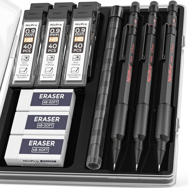 Nicpro 0.9 Metal Mechanical Pencil Set with Case, 3PCS Heavy Duty MP2000 Lead Pencil with 6 Tube HB Lead Refills