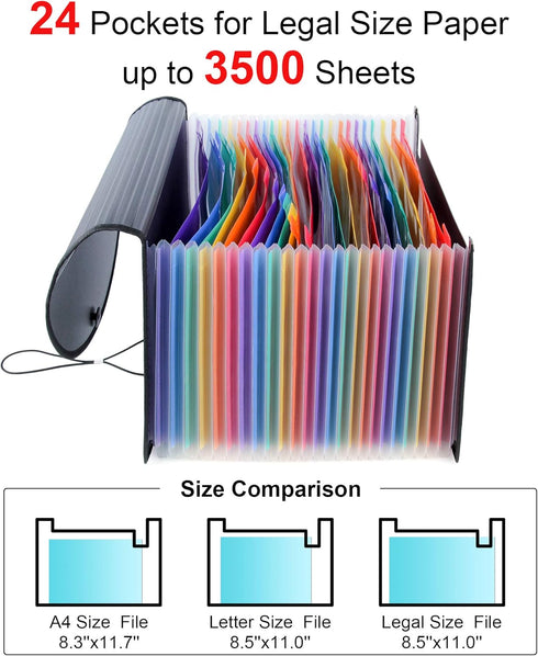 Uquelic Legal Size File Folder with Flap - Portable 24 Pockets Expanding Accordion Organizer, Black