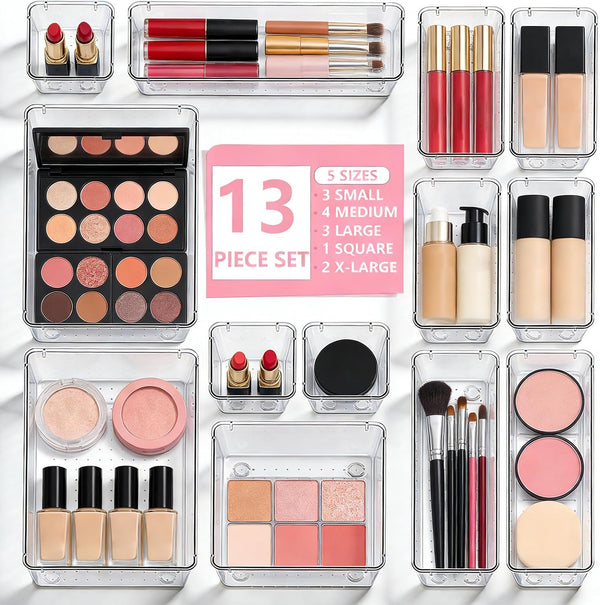 Asnews Makeup Drawer Organizers Set of 13, 5-Size Vanity Organizer Trays, Stackable Bathroom