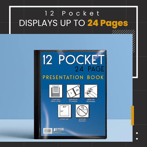 Better Office Products 12 Pocket Bound Presentation Book, Black with Clear View Front Cover, 24 Sheet Protector Pages