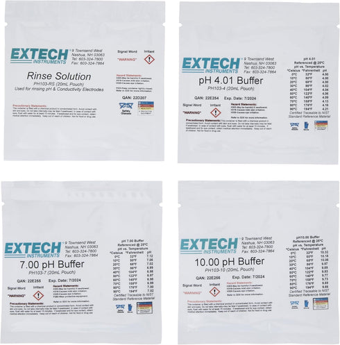 Extech PH103 Tripak Buffer Pouches 4, 7, and 10 pH with Rinse Solution Kit for Accurate Testing
