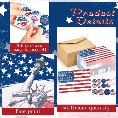 Seajan 100 Set Patriotic Cards, Blank Greeting Card with Envelopes, 4th of July American Flag Note Card