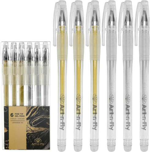 Gold & Silver Gel Pen for Artist, 0.7mm Fine Point, Gold Ink Pen with Japanese Ink, 6 PACK