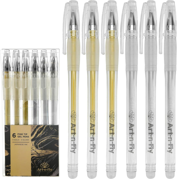 Gold & Silver Gel Pen for Artist, 0.7mm Fine Point, Gold Ink Pen with Japanese Ink, 6 PACK