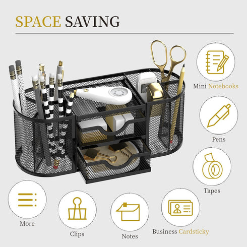 SUPEASY Mesh Desk Organizer with Drawers, Pen Holder for Office Supplies, Black