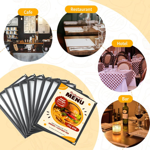 FLK Tech 10 Pack 3 6 8.5 11 Inch FLKQC Page Menu Covers, View x Clear PVC Menu Holder, Double Stitched Restaurant Menu