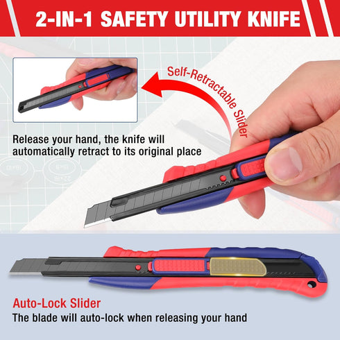 WORKPRO 2-In-1 Safety Utility Knife Retractable Snap-off blade, Metal Box Cutter Set, Razor Knife Exacto Craft Knives, with 10 Extra 9mm Blades, Pack of 3