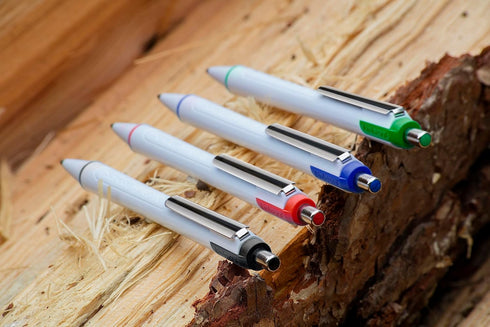 Schneider Slider Xite XB Ballpoint Pen, Refillable, 1.4 mm, White Barrel with Blue Accents, Red Ink, Box of 10