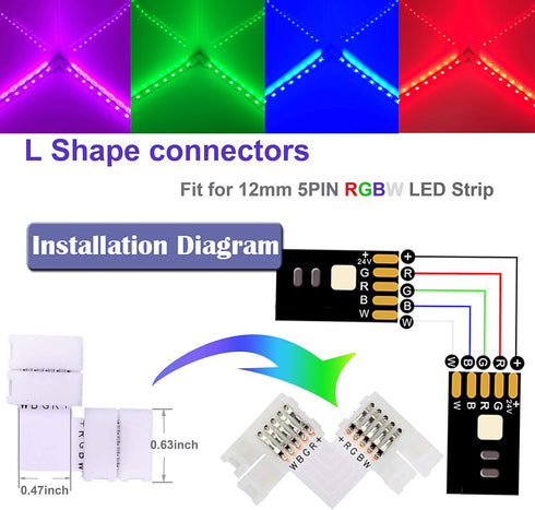 12MM 5PIN RGBW LED Strip Connector Kit with 16.4FT Extension Cable, 4PCS Gapless Connectors for 5050 RGBW LED Strip