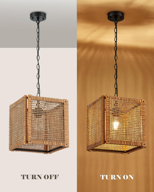 1-Light 12" ELYONA Rattan Pendant Light, Square Solid Wood Frame Woven Pendant Light Fixtures Boho Adjustable Hanging