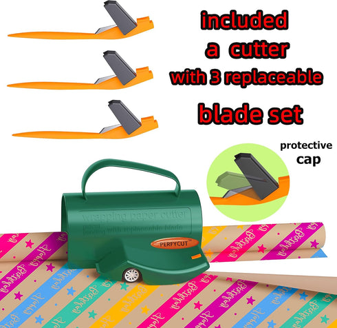 PERFYCUT Wrapping Paper Roll Cutter Tool with 3 Pcs Replaceable Blades, Gift Wrap Cutter for Christmas and Birthday