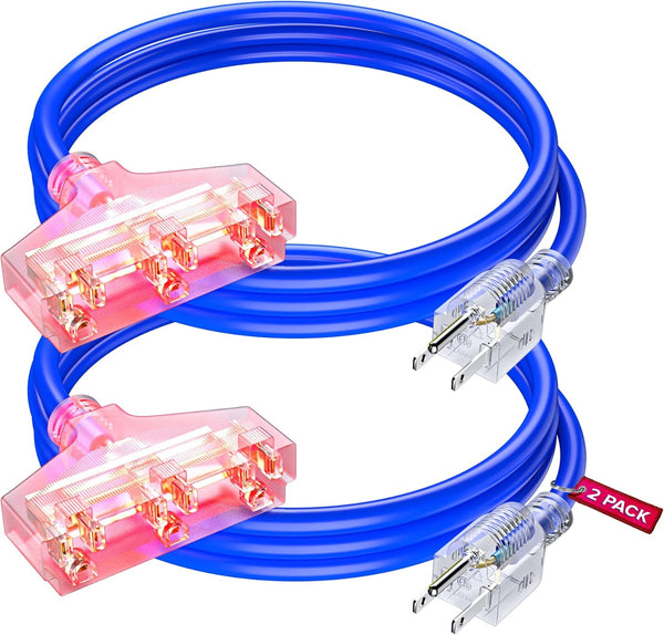 Extension Cord 3 ft, (2 Pack) with Multiple Outlets, 14 Gauge (Blue) ETL Listed