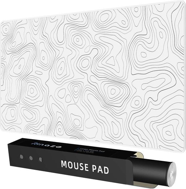 Extra Large Gaming Mouse Pad - White Topographic XXL Mousepad, Big Mouse Mat Desk Pad, Non-Slip for Gaming