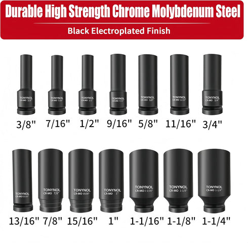 TONYNOL 1/2 Inch Set,6-Point,SAE(3/8" 1-1/4"),14 Deep Drive Impact Socket to Pcs,Cr-Mo Steel,With a Storage Case