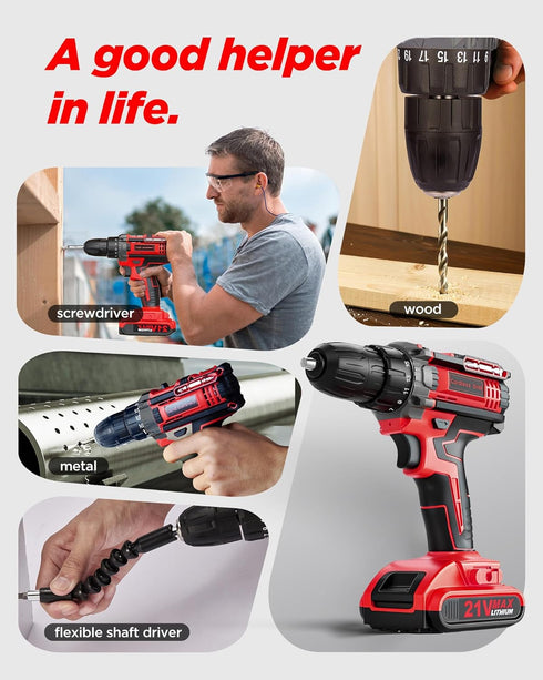 KELNOW 21V 2.0Ah Pack Set, 3/8" 25+1 90 Cordless Drill, Power Drill with Dual Power and Charger, Power Electric Battery