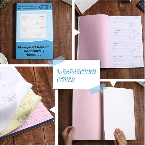 Crtiin 10 Sets 3 7-5/8" 10-7/8" 25 Sets 4 Money and Rent Receipt Books Part Carbonless, x Bound Cover, Receipt Log Book