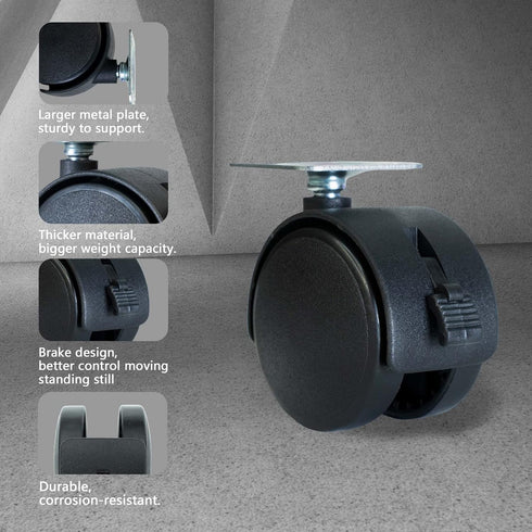 2 Inch Furniture Caster Wheels, 4 Pcs Swivel Plastic Rollers with Locks for Cabinet Drawer Table Desk