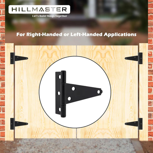 HILLMASTER 4 Inch Rustproof(6 Pack) T-Strap Hinges Heavy Duty Shed Door Hinges Gate Strap Hinges Black Tee Hinge