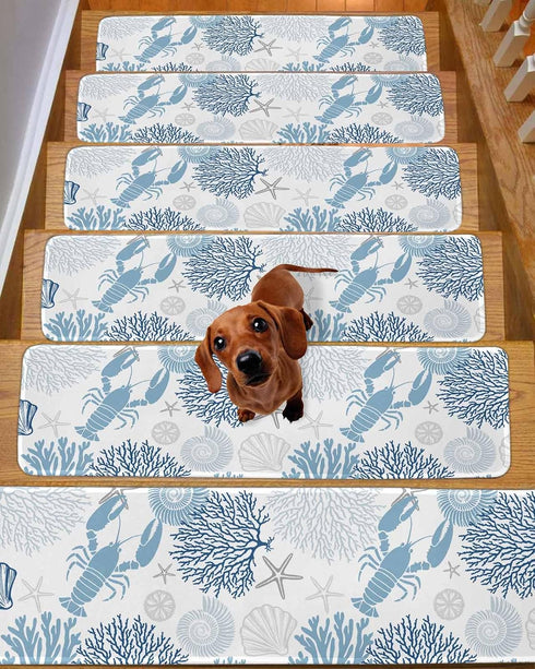 BOHOOSKYLAR 4 8"x30" Blue Lobster Stair Treads Ocean Starfish Navy Coral Shell Marine Life Indoor Non Slip Peel