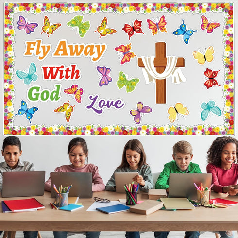 Jesus Bulletin Board Decorations - Christian Religious Set with Fly Away with God Cross Cutouts