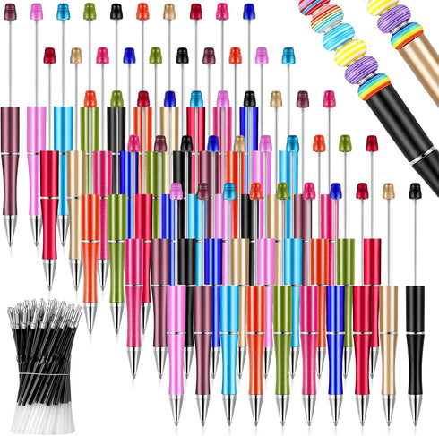 Crtiin 50 Pieces Plastic Beadable Pen Bulk, Black Ink Beaded Pens with 50 Refills for DIY School Supplies