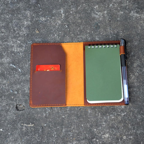 Leather Cover Compatible with Rite in The Rain & Rocketbook Mini Notebooks, Top Bound Spiral Notebook Cover, Memo Notepads Holder Leather Cover for 3" X 5" Pocket Notepad with Pen Holder Brown