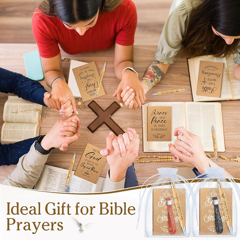 Spakon 192 Pcs/48 Set Christian Gifts Bulk Bible Verse Bamboo Pens Prayer Pocket Notebooks Christian Keychains with
