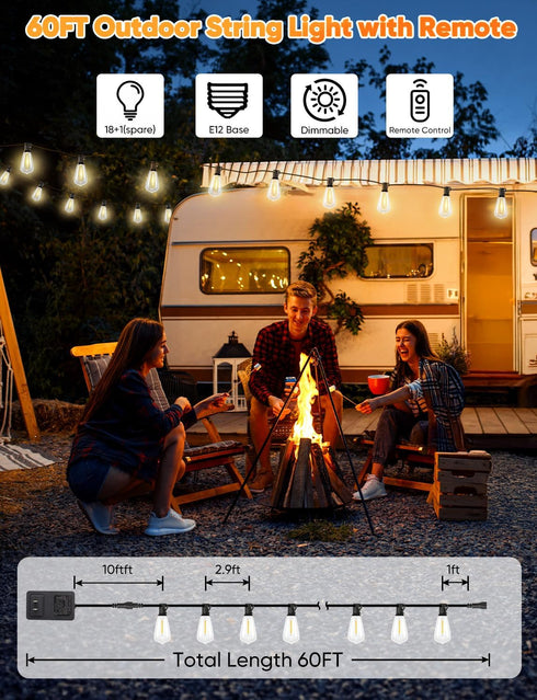 60FT 19 ST38 Bulbs, 3 2 Dimmable 24V Brightever LED Outdoor String Lights with Remote, Patio Lights Outdoor Waterproof