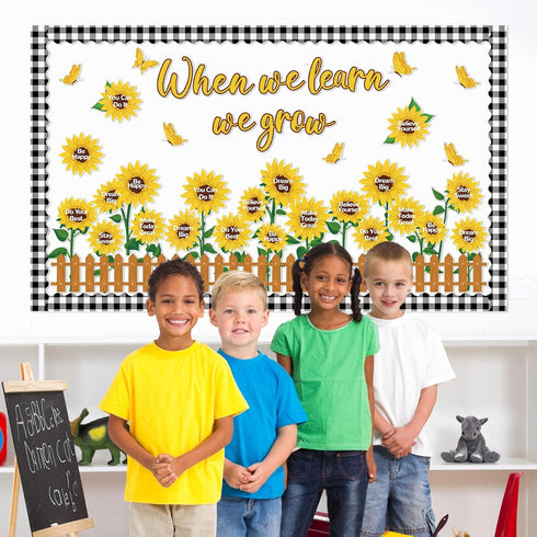 Sunflower Bulletin Board Decoration Set, Summer Sun Flower Cutouts with Motivational Sayings, Butterflies, Fences for