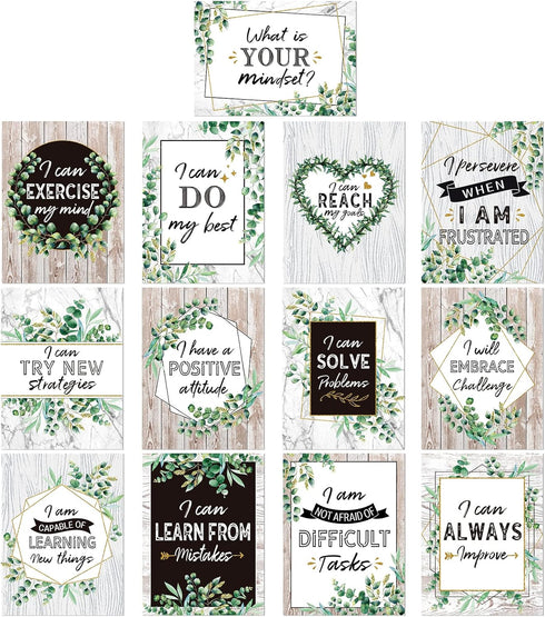 Pajean 13 Pcs Growth Mindset Posters, Simply Boho Eucalyptus Motivational Classroom Decorations for Teachers and