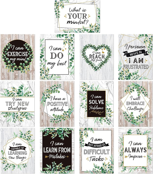 Pajean 13 Pcs Growth Mindset Posters, Simply Boho Eucalyptus Motivational Classroom Decorations for Teachers and
