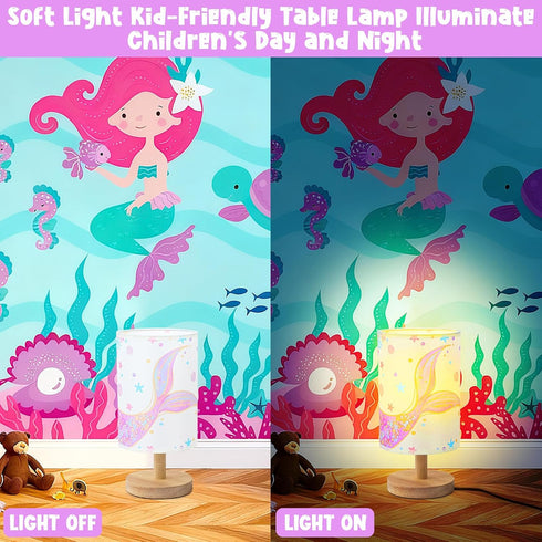 Mermaid Table Lamp for Kids Bedroom - Mermaid Tail Pastel Kids Bedside Lamp with Linen Wooden Nightstand Nursery
