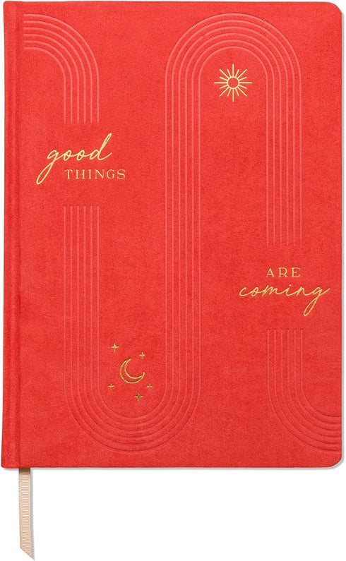 DesignWorks Ink Good Things Are Coming Orange, 7.5" x 10.25" Jumbo Journal Notebook, Vegan Suede, Gold Arches Accents,